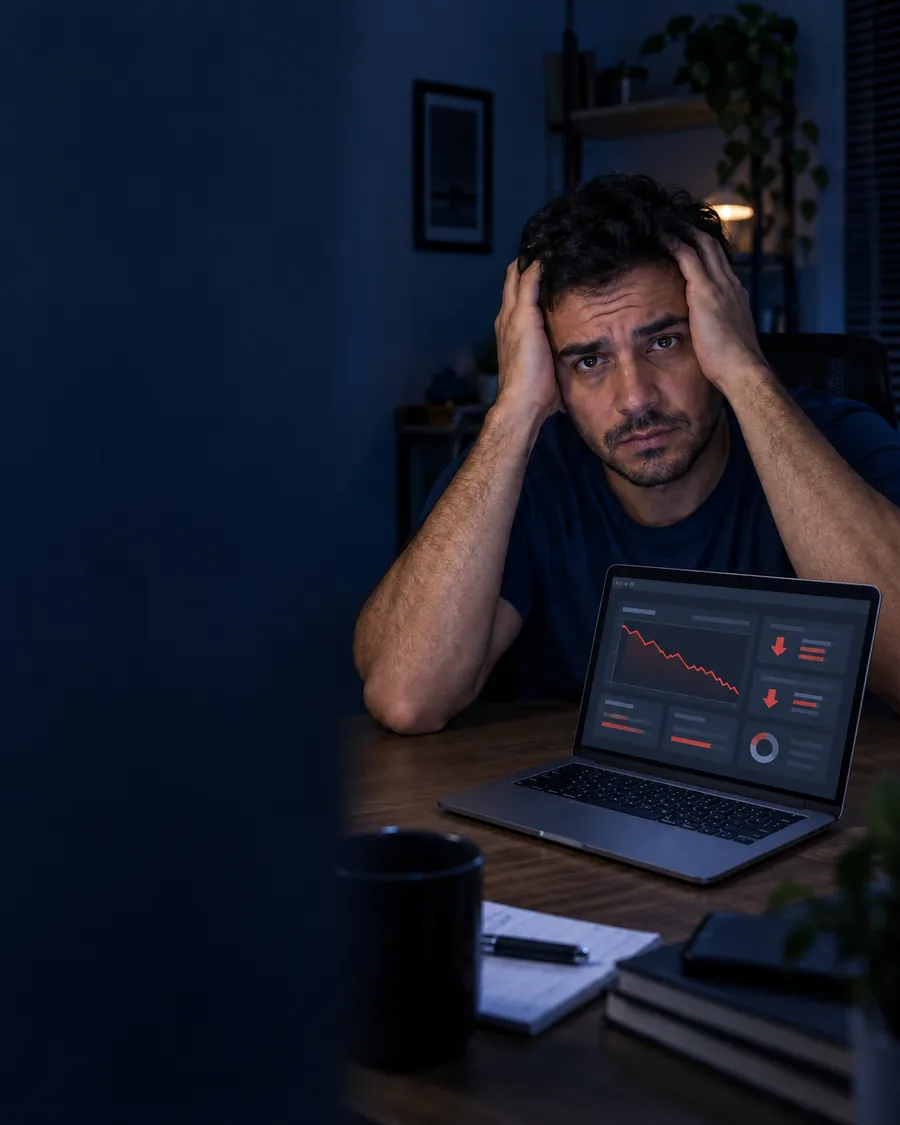 Homem frustrado diante de um painel de anúncios com resultados em queda