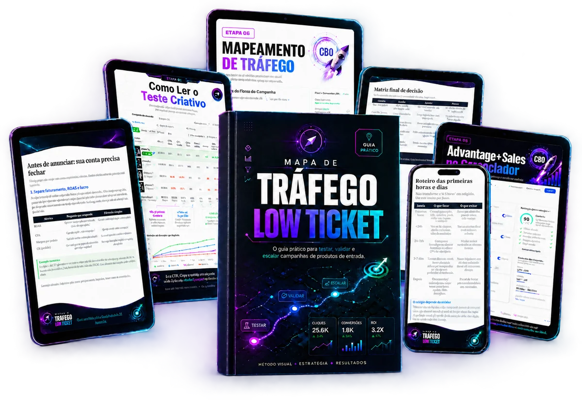 Kit completo do Mapa de Tráfego Low Ticket: e-book e páginas em tablets e celular